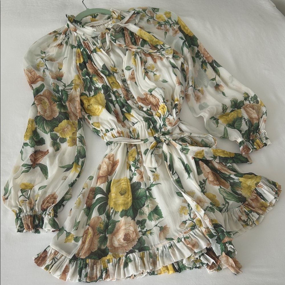 Zimmermann Floral Long Sleeve Playsuit - White, Green, Yellow XS 0P revolve